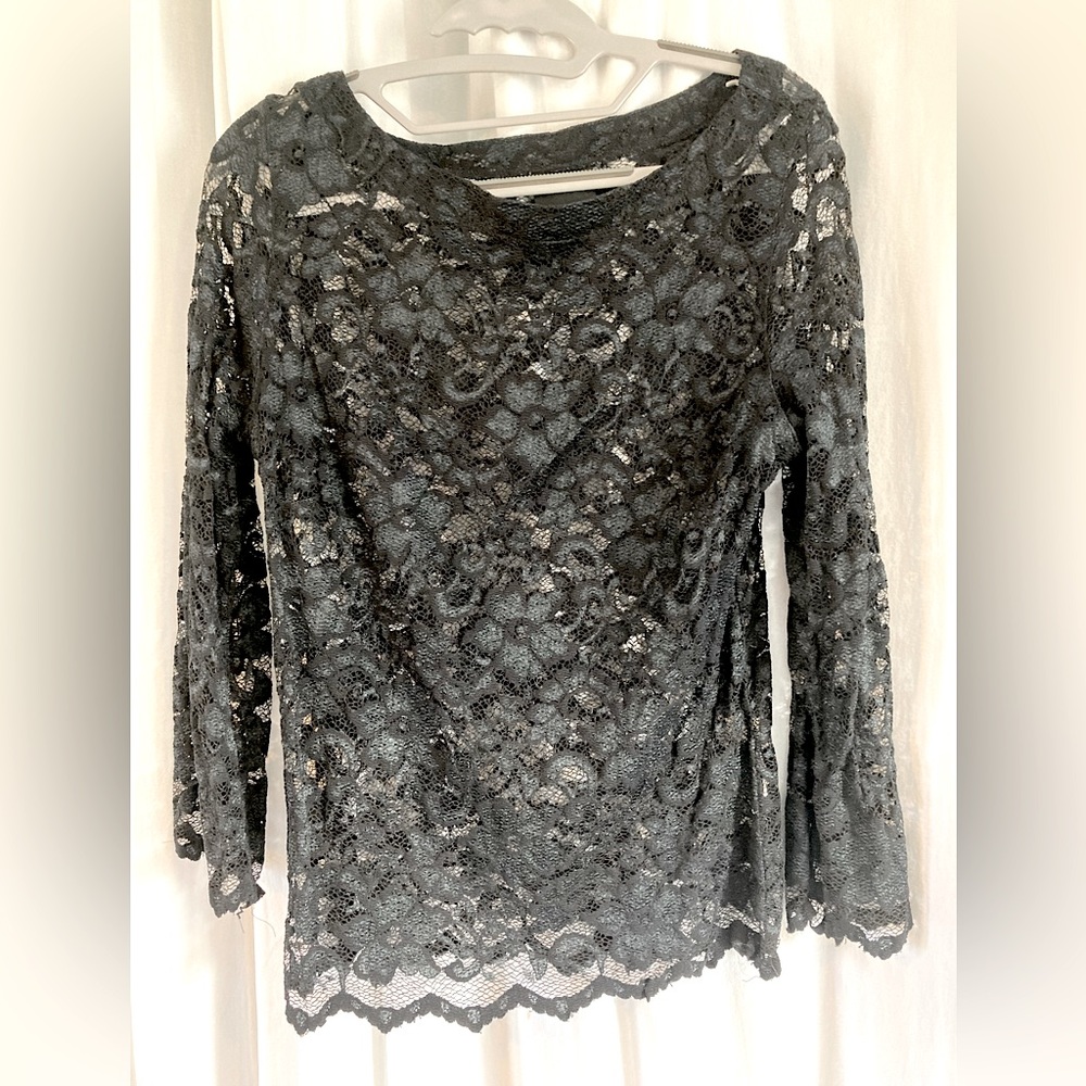 Black lace shirt, Women’s Medium. Long sleeve, boat-neck, excellent condition.